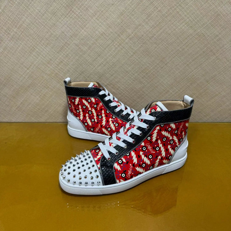 Men's Luxury Spiked High Top Sneakers Red Snake Leather Casual Shoes Red Bottom Lace Up Streetwear Business Plus Size