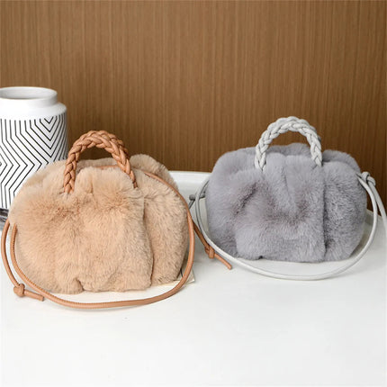 Women's Crossbody Pumpkin Plush Bag Cute Tote Bags Autumn Winter Fashion Solid Color Handbag Travel Shoulder Bags PlatiNum