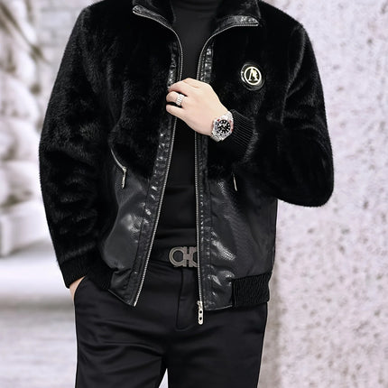 Winter Stand-Up Collar Men's Fashionable Casual Warm Faux Mink Fur Spliced Pu Leather Jacket