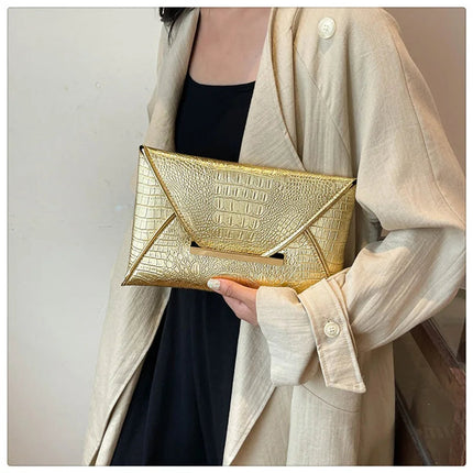 Fashion Crocodile Pattern Envelope Clutch Women's Handbags For Gifts, Designer Casual Ladies Purses Phone Pocket PlatiNum