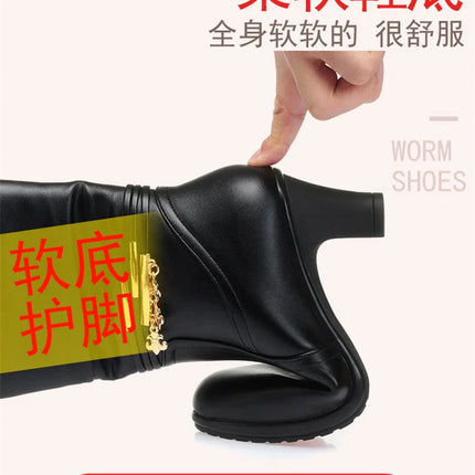 Women Comfortable Fleece Medium Boots Autumn Winter New Style Thick Heel Side Zipper Pointed Fashion High Heels Boots Elegant