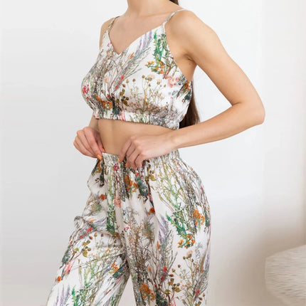 Nuovo pigiama di seta in raso per le donne Set di indumenti da notte con stampa floreale Sexy scollo a V senza maniche Top da notte Pigiama Abbigliamento per la casa Pigiama