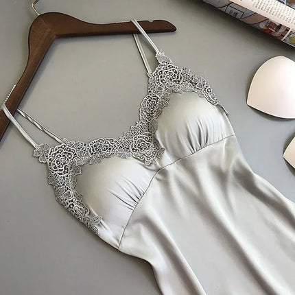 Abito da notte sexy in raso di seta da donna Camicie da notte senza maniche Camicia da notte con scollo a V Camicia da notte Indumenti da notte in pizzo Indumenti da notte per le donne Top da notte