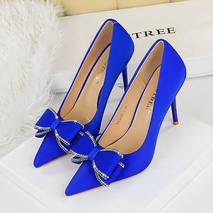 BIGTREE New Fashion Women Dress Shoes 10cm tacchi alti Shallow Toe Crystal Butterfly Knots Lady Red Silk Shoes taglia 34-40