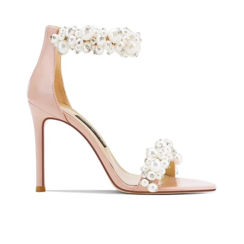 Summer new leather pearl ribbon sexy open-toe wedding shoes thin high-heeled banquet dress small size bag heel women's sandals