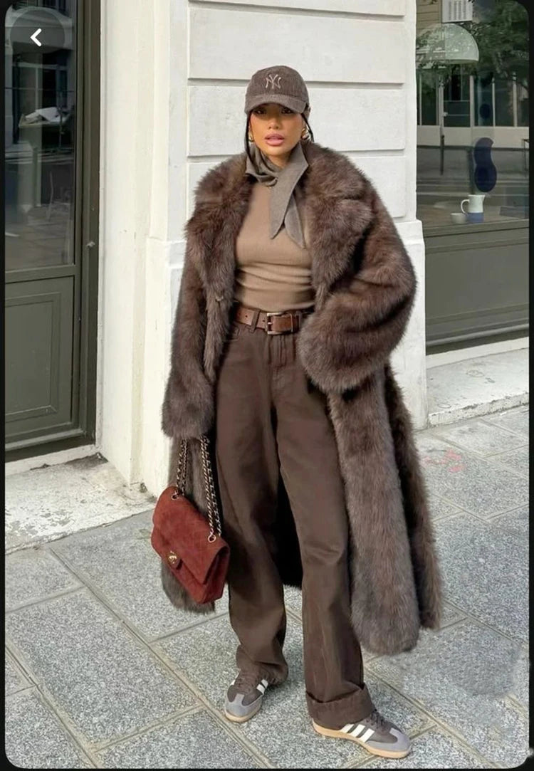 ZADORIN 120cm Super Long Luxury Winter Brown Faux Fur Coat Woman Elegant Belted Lapel Thick Fluffy Fur Jacket High Quality Coats
