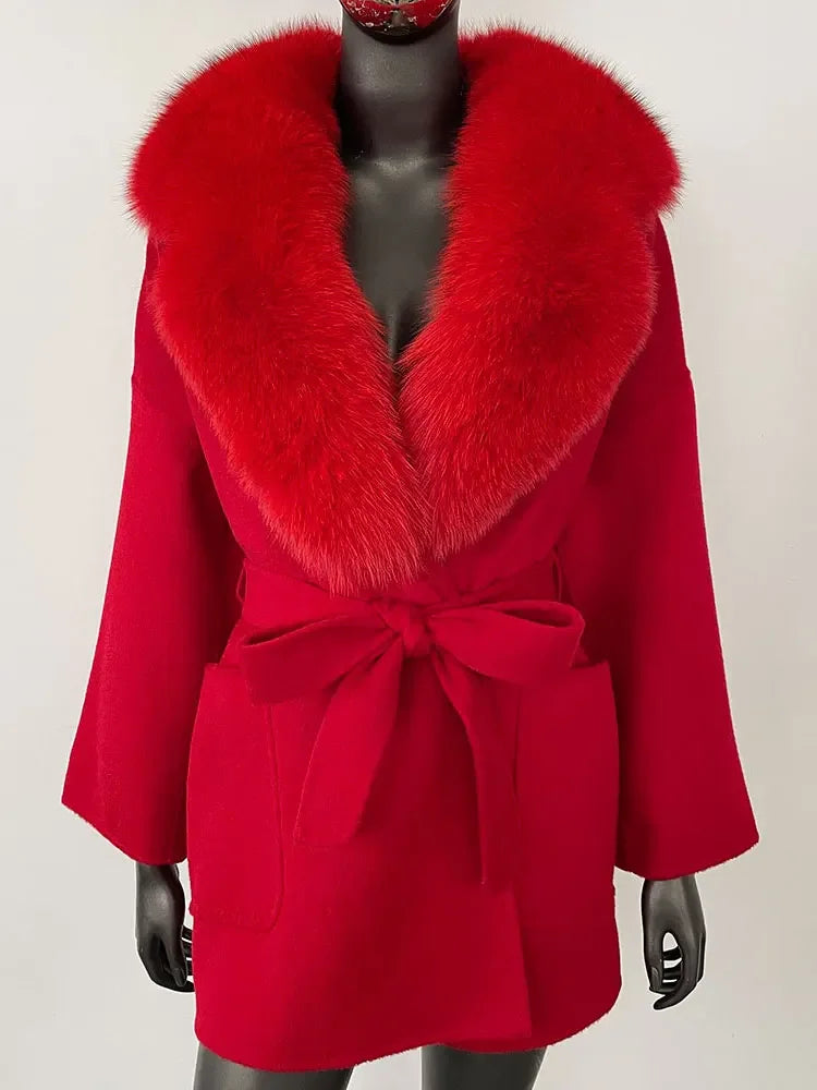 CXFS 2025 Winter Fashion Women Double-sided Wool Cashmere Coat with Detachable Natural Fox Fur Collar New design suit collar