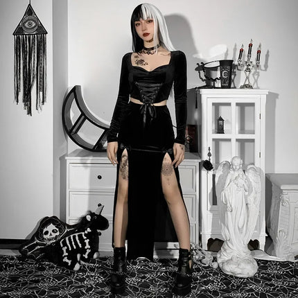 Damen-Punk-Rock-Stil-Rock, neuartiger eleganter langer Rock für Halloween und Festivals, hohe Taille, schlanke Passform, mit sexy Schleife und seitlichem Schlitz, Knielang