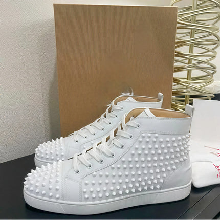Black Studded Leather Rivets High-Top Sneakers Classic Designer Style Round Toe Men's Sports Shoes Comfort Lace-Up Casual Shoes