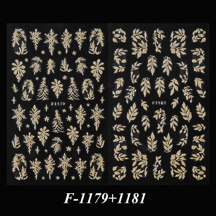 2PCS Golden Glitter Leaf Nail Art Stickers Shinny Christmas Trees Snowflake Sliders Japanese Winter Y2K Leaves Manicure Decor