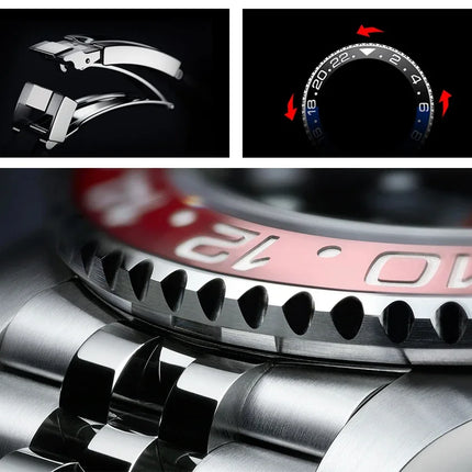 TOP PAGANI DESIGN PD1662 GMT Orologio meccanico automatico da uomo Cinturino in acciaio inossidabile Anello in ceramica blu Quadrante bianco Resistente all'acqua fino a 100 m Orologi da polso sportivi da uomo luminosi per uom