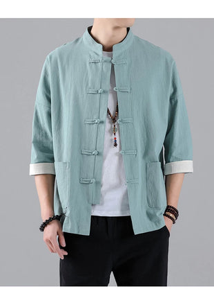 Camicie in Stile Cinese per Uomo, Top Tradizionale Tang in Lino a Mezza Manica, Camicia Kung Fu Hanfu Vintage Casual, Taglie Grandi fino a 5XL