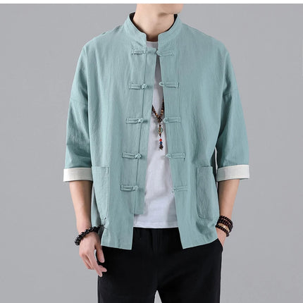 Camicie in Stile Cinese per Uomo, Top Tradizionale Tang in Lino a Mezza Manica, Camicia Kung Fu Hanfu Vintage Casual, Taglie Grandi fino a 5XL