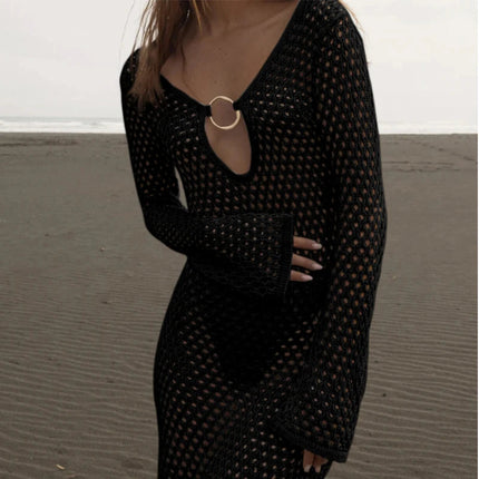 Abito lungo a maniche lunghe con scollo a V con bottoni in metallo cavo stile moda Abito lungo con grembiule da spiaggia per vacanze estive platinumshop
