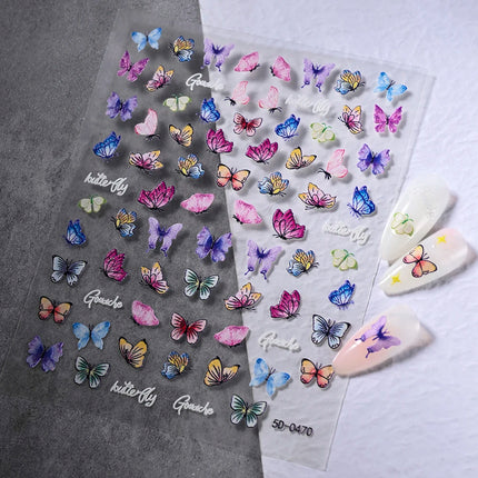 5D Hibiscus Flower Nail Embossed Sticker Acrylic Pink White Gold Petal Leaf Adhesive Decal Butterfly Dragon Floral Elegant Decor