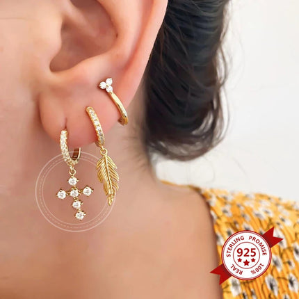 White Color Zircon Hoop Earrings 925 Sterling Silver Needle Cross/Star/Flower/Water Drop Pendant Gold Earrings Luxury Jewelry PlatiNum