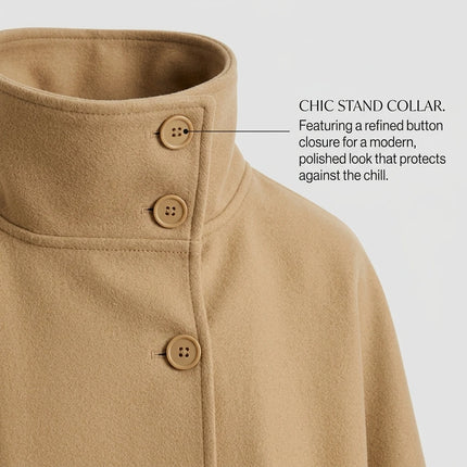 Women's Cape Coat Elegant Stand Collar Belted Solid Color Button Down Autumn Winter Jacket