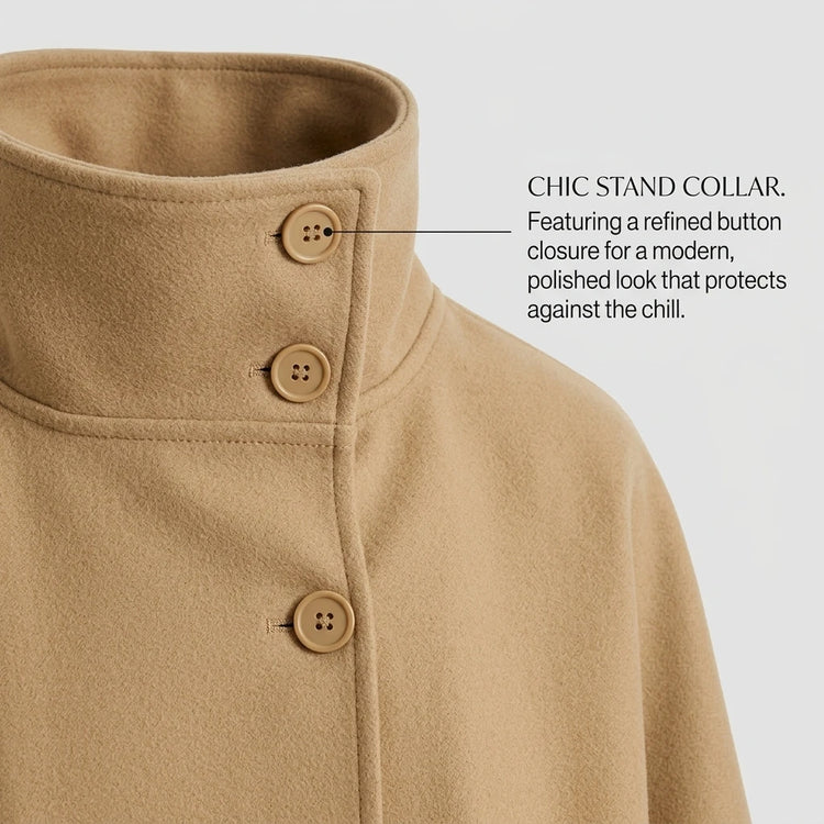 Women's Cape Coat Elegant Stand Collar Belted Solid Color Button Down Autumn Winter Jacket