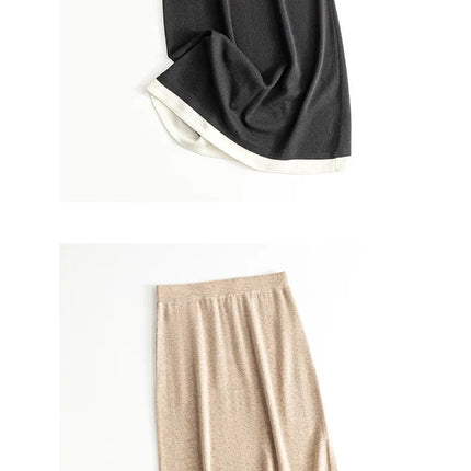SuyaDream, Women Long Skirt, 32.4%Sheep Wool, Solid Woolen Knitted Skirts, 2024 Autumn Winter Warm Under Dress, Grey, Khaki PlatiNum