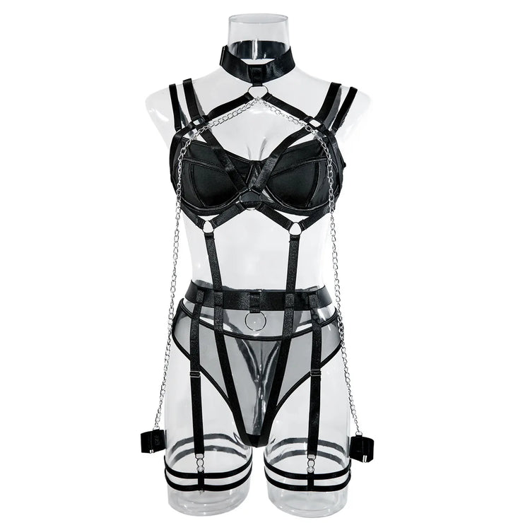 Fashion Sexy Seductive Chain Lingerie Four Piece Set Women's Solid Exotic Apparel Suit Female Stain Pure Desire Style Underwear