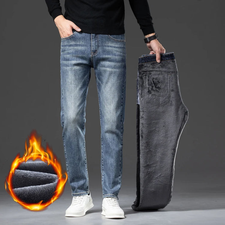 2026 New Winter Classic Brand Business Casual Velvet Plush Trousers Men Fleece Jeans Slim Straight Thicken Stretch Denim Pants