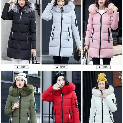 Women Winter Fur Collar Hooded Parka Coats Fashion Letter Patch Zipper Long Jacket Elegant Slim Warm Thick Female Snow Outerwear