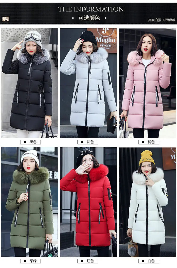 Women Winter Fur Collar Hooded Parka Coats Fashion Letter Patch Zipper Long Jacket Elegant Slim Warm Thick Female Snow Outerwear