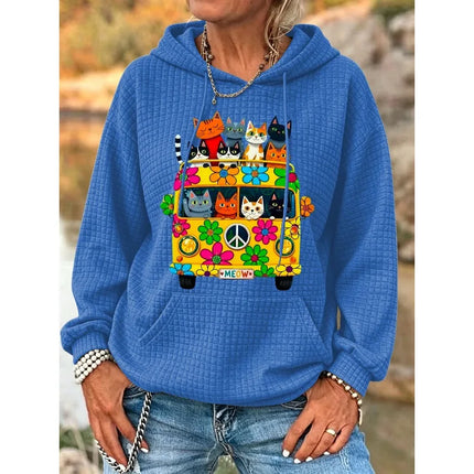 ilstile Women's Hippie Qute Cat Flower Print Hoodies Autumn Outdoor Sports Long Sleeve Casual Loose Round Neck Hooded Hoodies