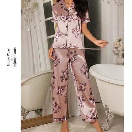 Pigiama da donna elegante pigiameria in raso Pj Set stampa floreale bottoni manica corta risvolto top e pantaloni lunghi indumenti da notte vestiti per la casa platinumshop