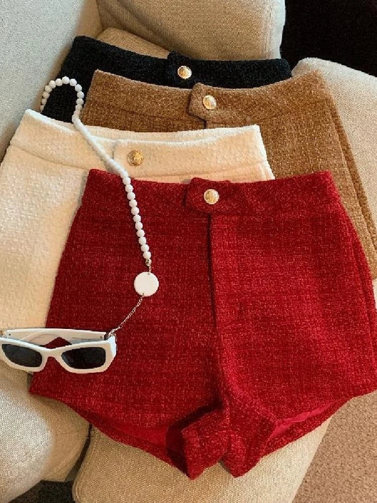 Tweed Shorts Women Korean High Waist Wide Leg Shorts Office Lady Elegant White Black Autumn Winter Casual All Match Short Pants