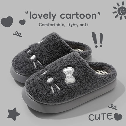 Cute Cat Winter Warm Slippers Women Men Fluffy Plush Home Shoes Red Bowknot Plaid Lining Indoor Bedroom Cotton Slides Mules New