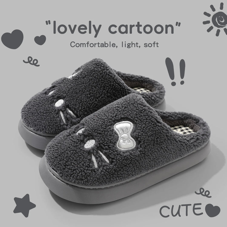Cute Cat Winter Warm Slippers Women Men Fluffy Plush Home Shoes Red Bowknot Plaid Lining Indoor Bedroom Cotton Slides Mules New