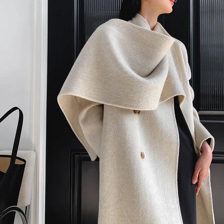 Luxury Hand-sewn Double-sided Cashmere Wool Coat Women New Mid-length Scarf Collar Loose Lace-up Warm Wool Coat Fashion Winter