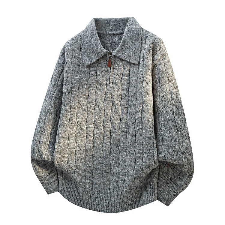 Men's  Knit Sweater Pullover Solid Color Long Sleeve Lapel zipper-Up Fall Winter Loose Warm Casual top