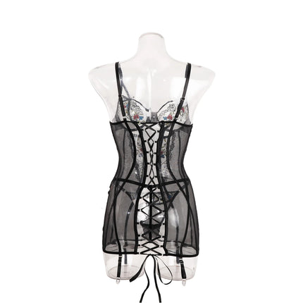 Women Mesh Sheer Lingerie Set Underwire Push Up Lace Back Garter Thong Sexy Bedroom Date Night Honeymoon Party Nightwear