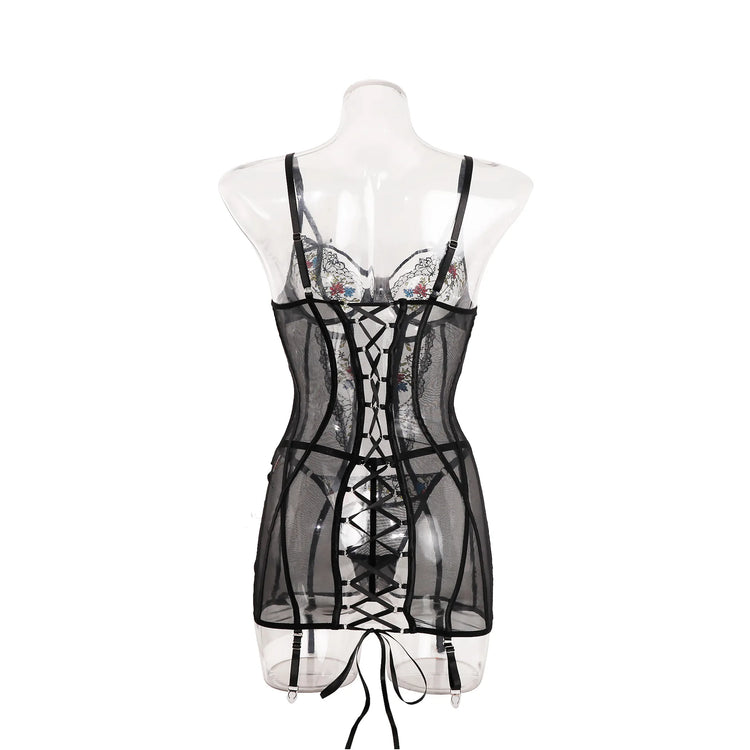 Women Mesh Sheer Lingerie Set Underwire Push Up Lace Back Garter Thong Sexy Bedroom Date Night Honeymoon Party Nightwear