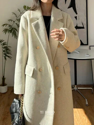 High-end Thick Double-sided Wool Coat Female Fashion Long  Autumn Winter Lapel Double Breasted Wool Coat Women Loose Outerwear