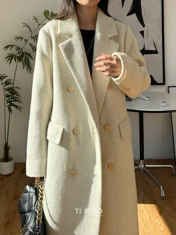 High-end Thick Double-sided Wool Coat Female Fashion Long  Autumn Winter Lapel Double Breasted Wool Coat Women Loose Outerwear