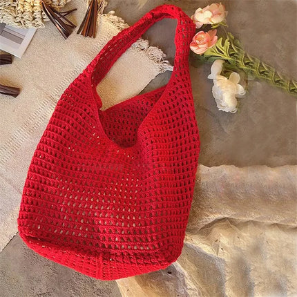 Crochet Crossbody Bag Hollow Beach Leisure Handbag Solid Color Summer Holiday Woven Shoulder Bag