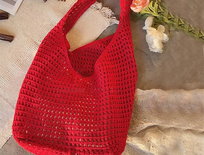 Crochet Crossbody Bag Hollow Beach Leisure Handbag Solid Color Summer Holiday Woven Shoulder Bag