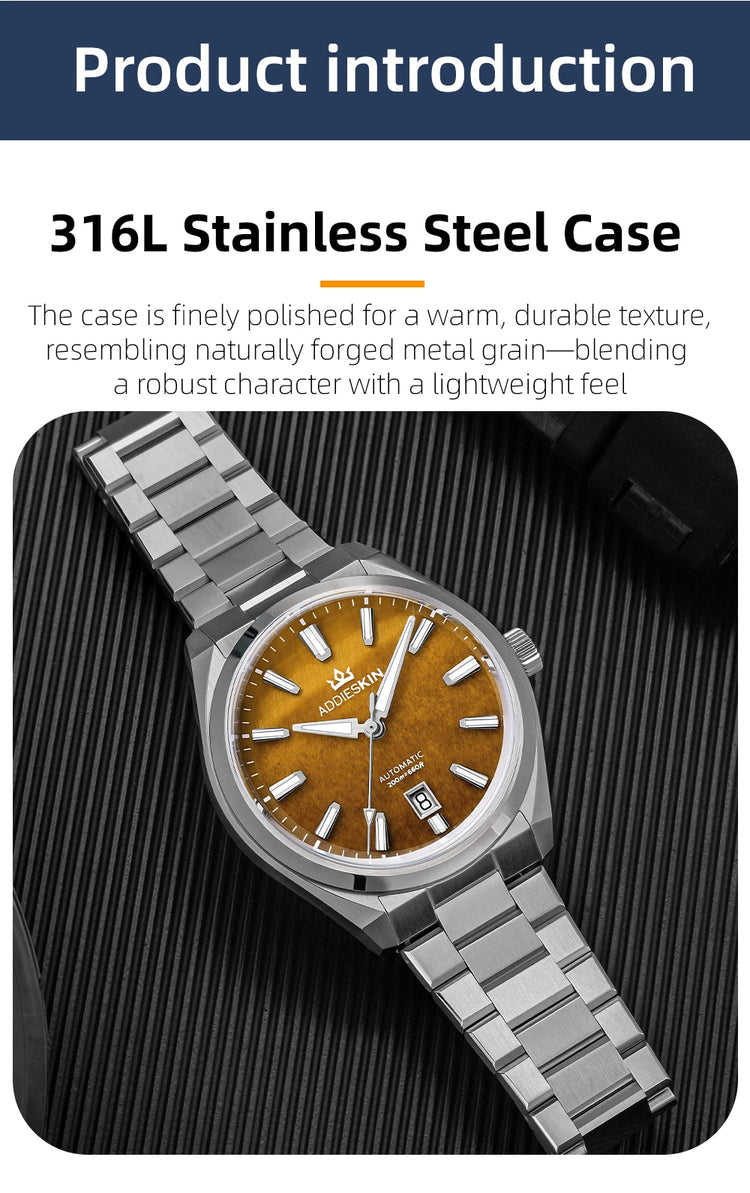 AddiesKin K010 Automatic Watch for Men Natural Tiger Eye Dial Miyota 9015 Movement Sapphire Crystal 200 Waterproof Luminous Gift