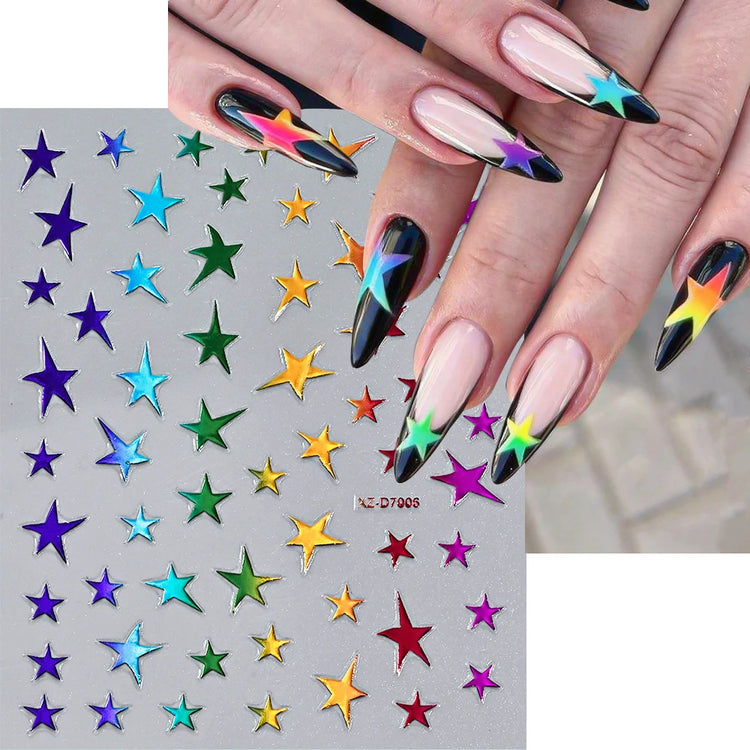 12Pcs 3D Rainbow Bowknot Star Geometry Lines Nail Stickers Love/Frame/Flower Self-Adhesive Nails Sliders 8*10cm Manicure Decals