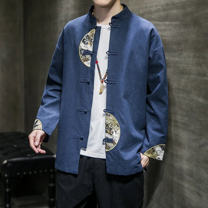 Camicie da uomo ricamate 2026 primavera stile cinese retrò colletto alla coreana giacca in cotone e lino cardigan da uomo Kungfu allentato casual Top