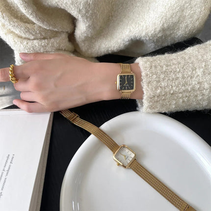 Orologio al quarzo semplice di marca per donna Orologi da donna regalo di lusso retrò Orologi da polso con cinturino in acciaio inossidabile regolabile con quadrante piccolo platinumshop