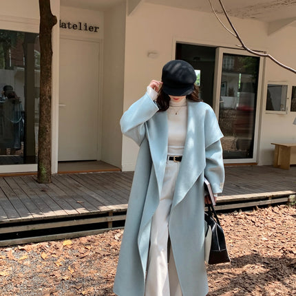 High-end Women Double-sided Wool Long Coat Warm Baby Blue Lapel Loose Double Breasted Wool Coat Female Fashion Autumn Winter