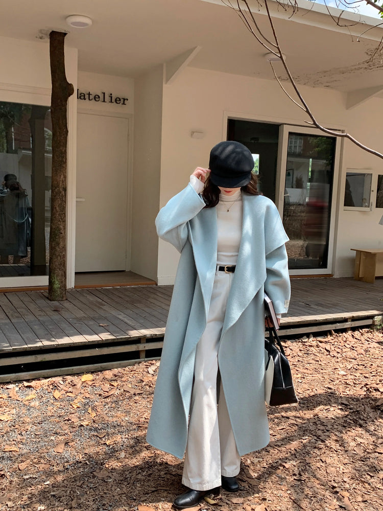 High-end Women Double-sided Wool Long Coat Warm Baby Blue Lapel Loose Double Breasted Wool Coat Female Fashion Autumn Winter
