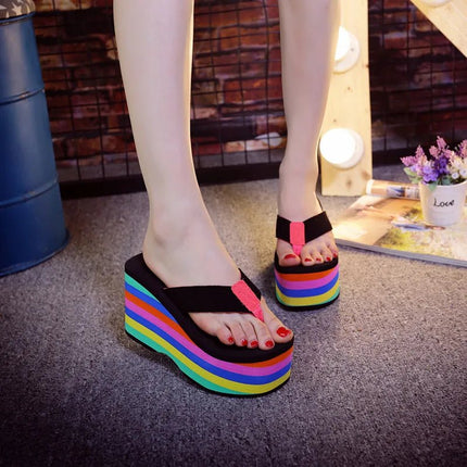 Infradito arcobaleno Sandali da spiaggia da donna Cinturino smerigliato estivo Pantofole con zeppa super alta Pantuflas estivi da donna - platinumshop