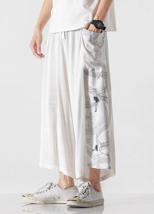 Men's Summer Harajuku Harem Pants Cotton Linen Joggers Mens Calves Length Loose Vintage Japanese Ukiyo-e Print Pants