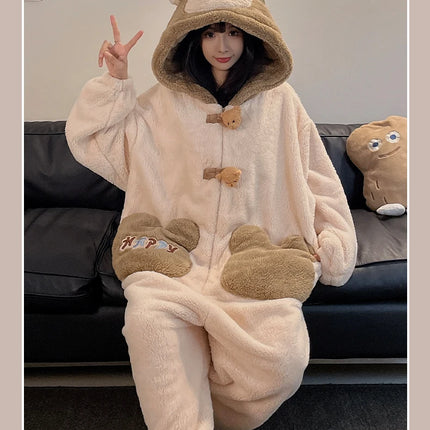 Winter Pajamas Cartoon Bear Costume Pijama Kawaii Adult Couples Kigurumis Sleepwear Jumpsuits Coral Fleece Loose Warm Homewear