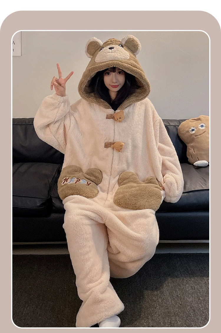 Winter Pajamas Cartoon Bear Costume Pijama Kawaii Adult Couples Kigurumis Sleepwear Jumpsuits Coral Fleece Loose Warm Homewear